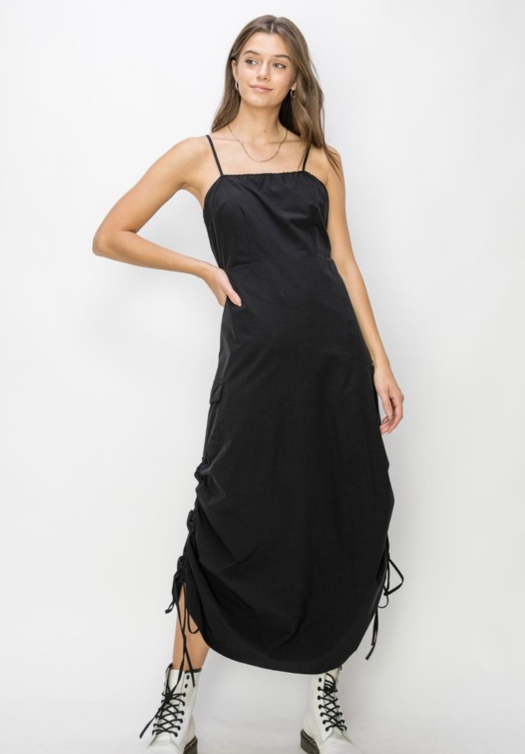 cargo drawstring midi dress Stand Collar Zipper Drawstring Waist Pocket Midi Dresses-Green