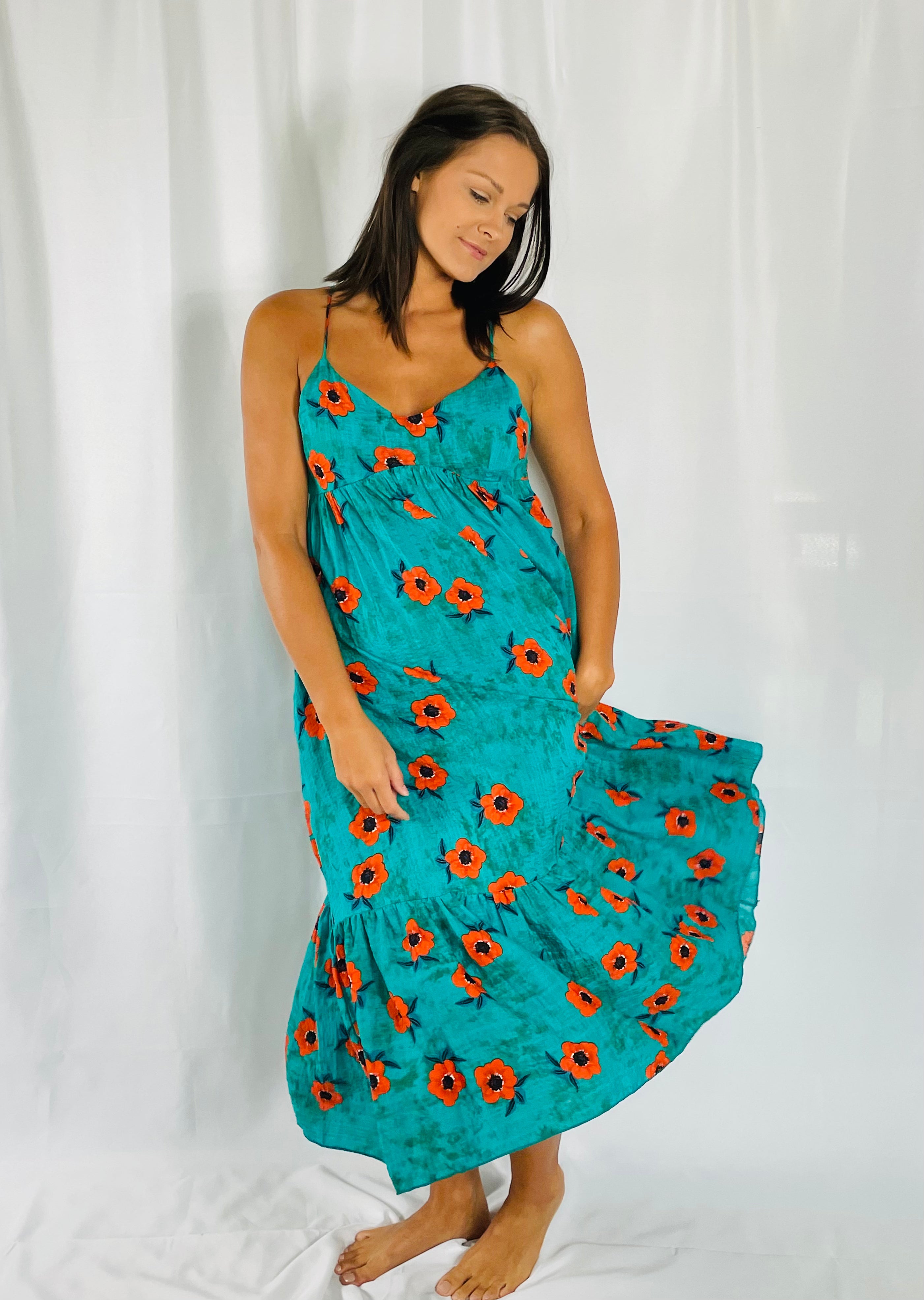 Flower print ruffled maxi dress