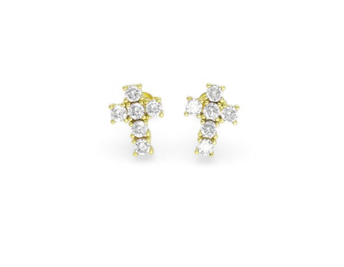 Gold CZ Cross Stud Earrings