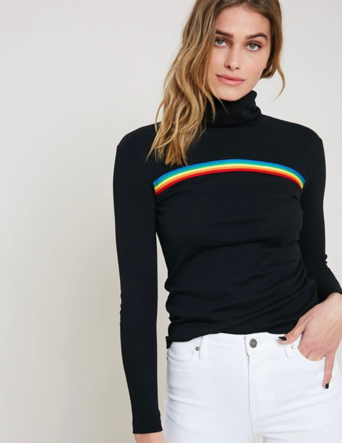 Striped turtle neck knit top is