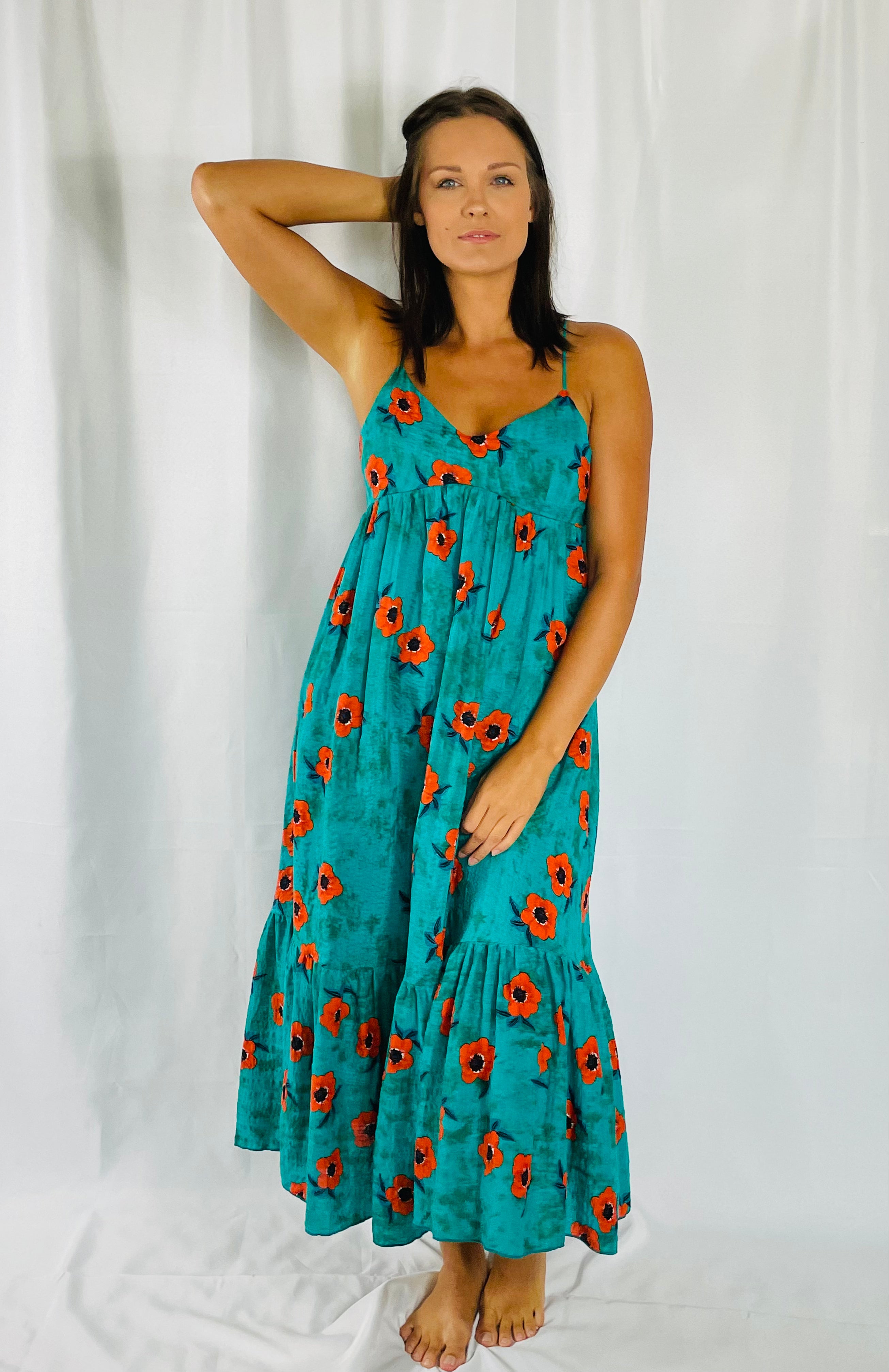 Flower print ruffled maxi dress